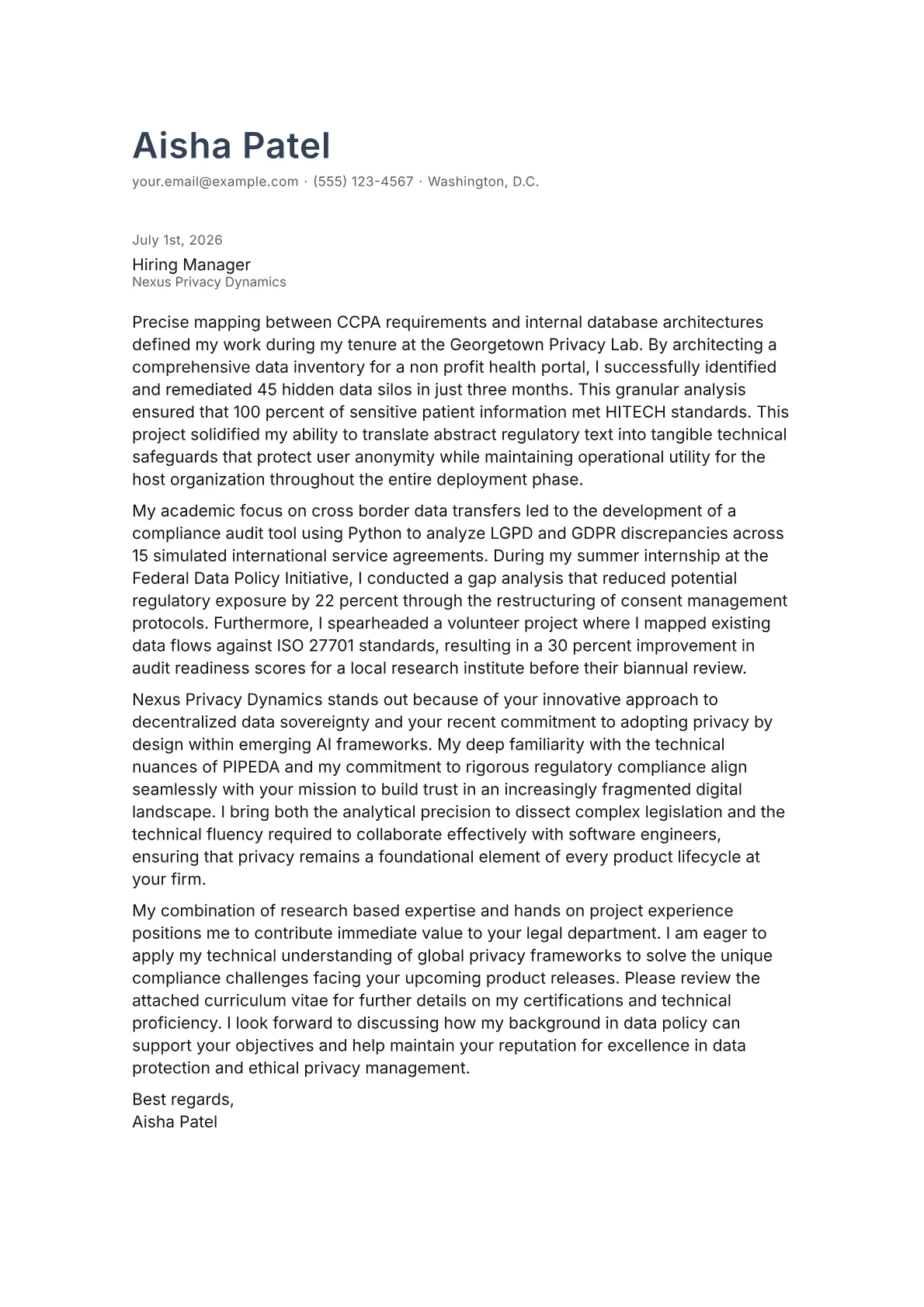 Chief Privacy Counsel cover letter in the Minimal design