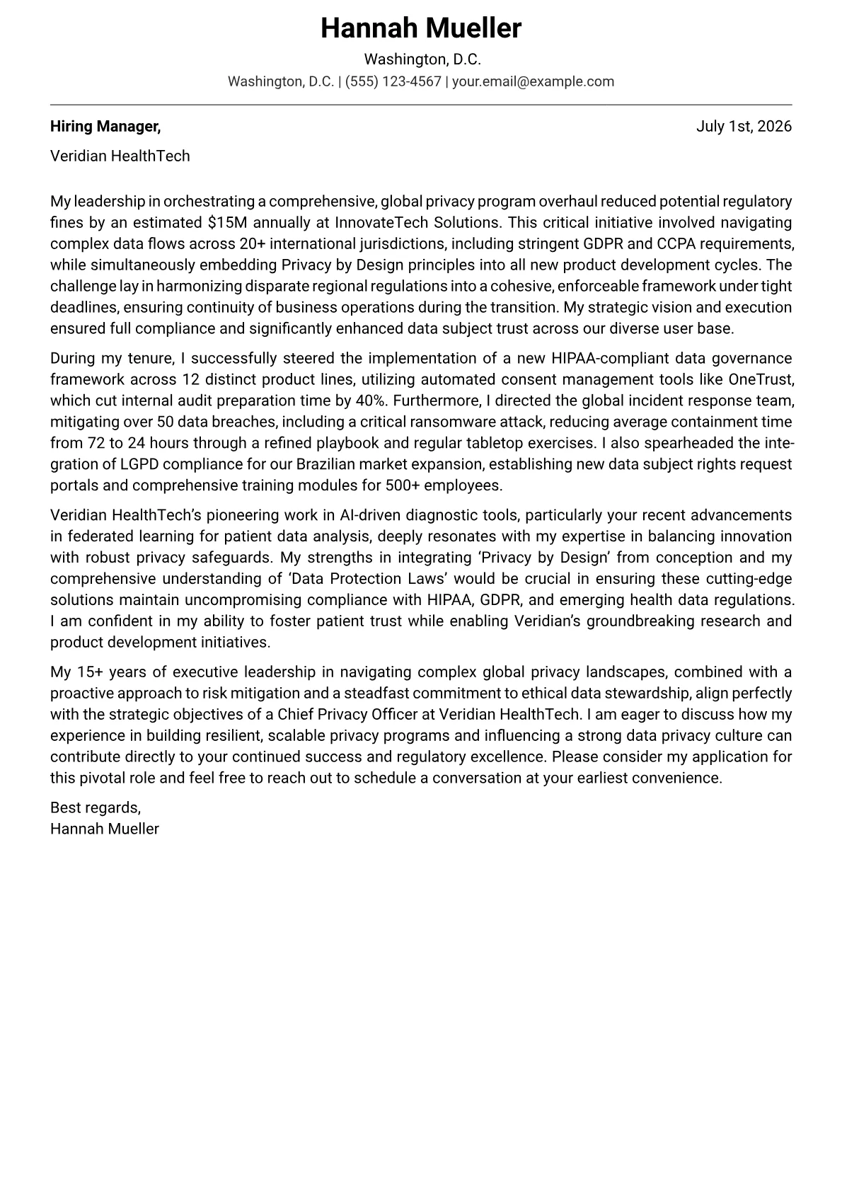Chief Privacy Officer cover letter formatted with a JobSprout template