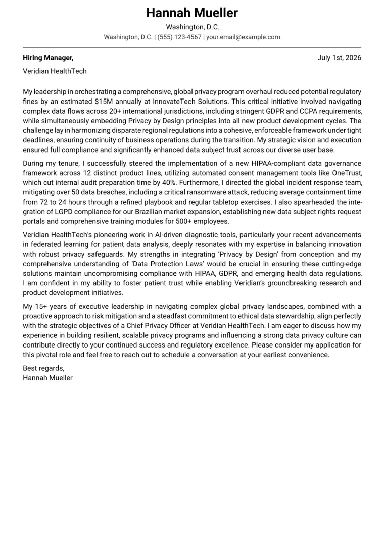 Chief Privacy Officer Cover Letter Example