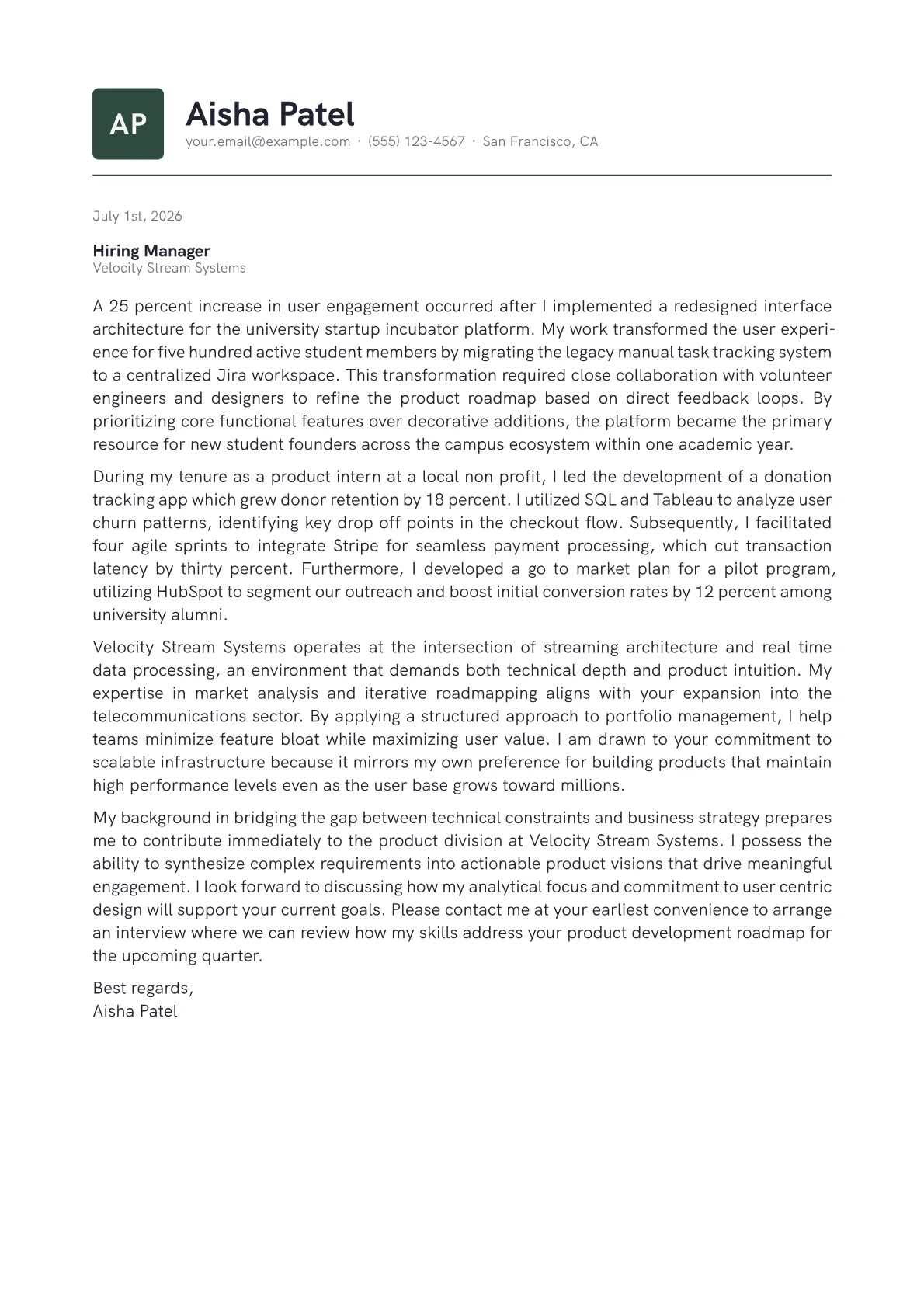 Chief Product Officer cover letter in the Emblem design