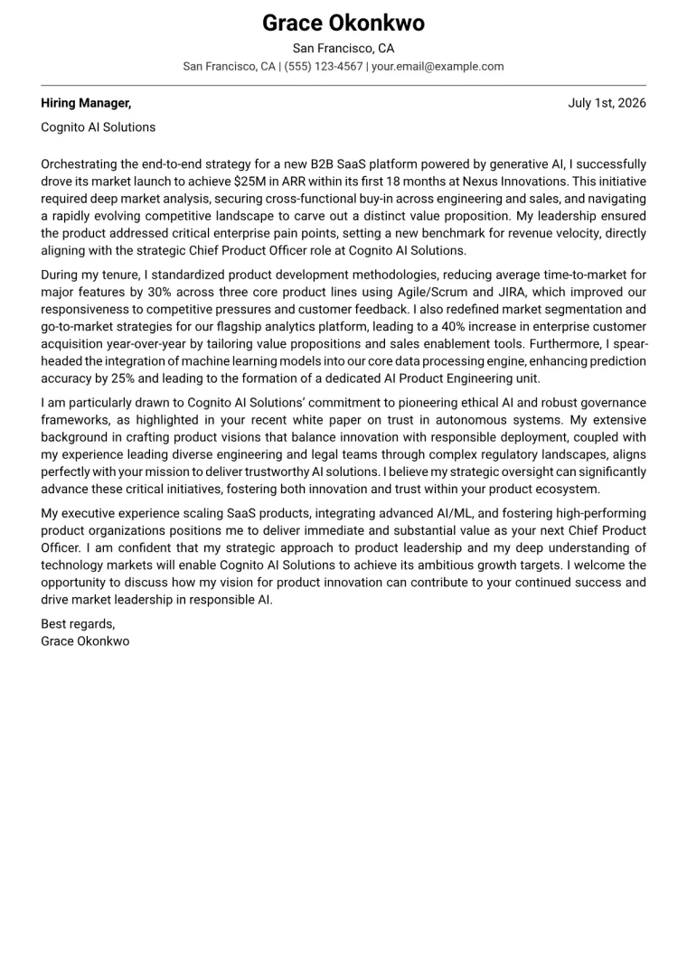 Chief Product Officer Technology cover letter example preview
