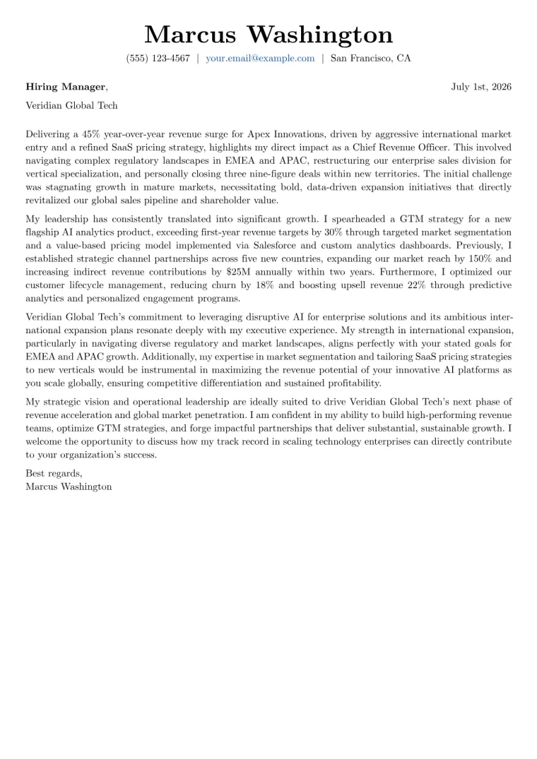 Chief Revenue Officer cover letter example preview