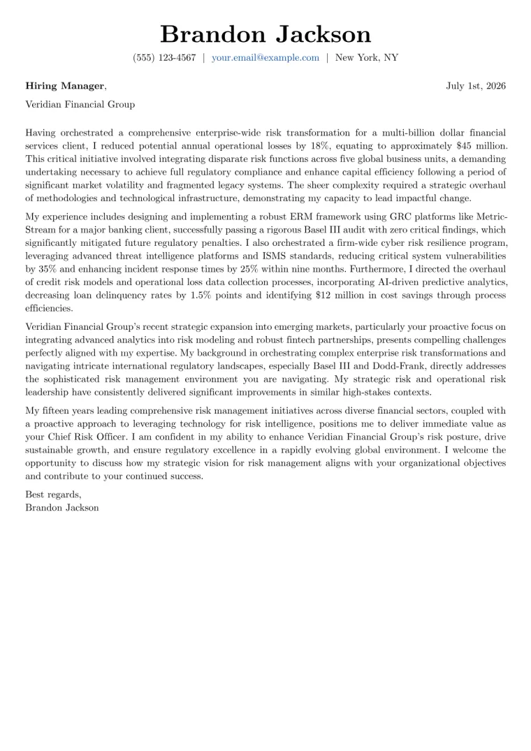 Chief Risk Officer cover letter example