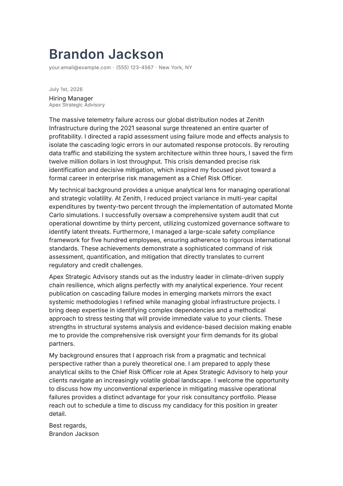 Chief Risk Officer cover letter in the Minimal design