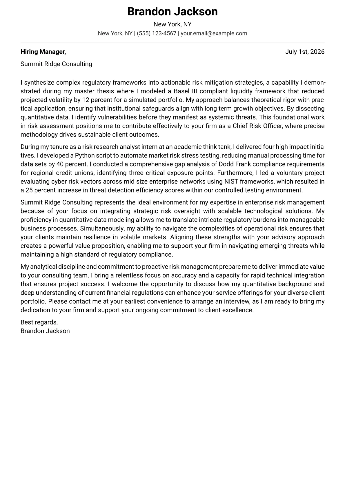 Chief Risk Officer cover letter in the Modern design
