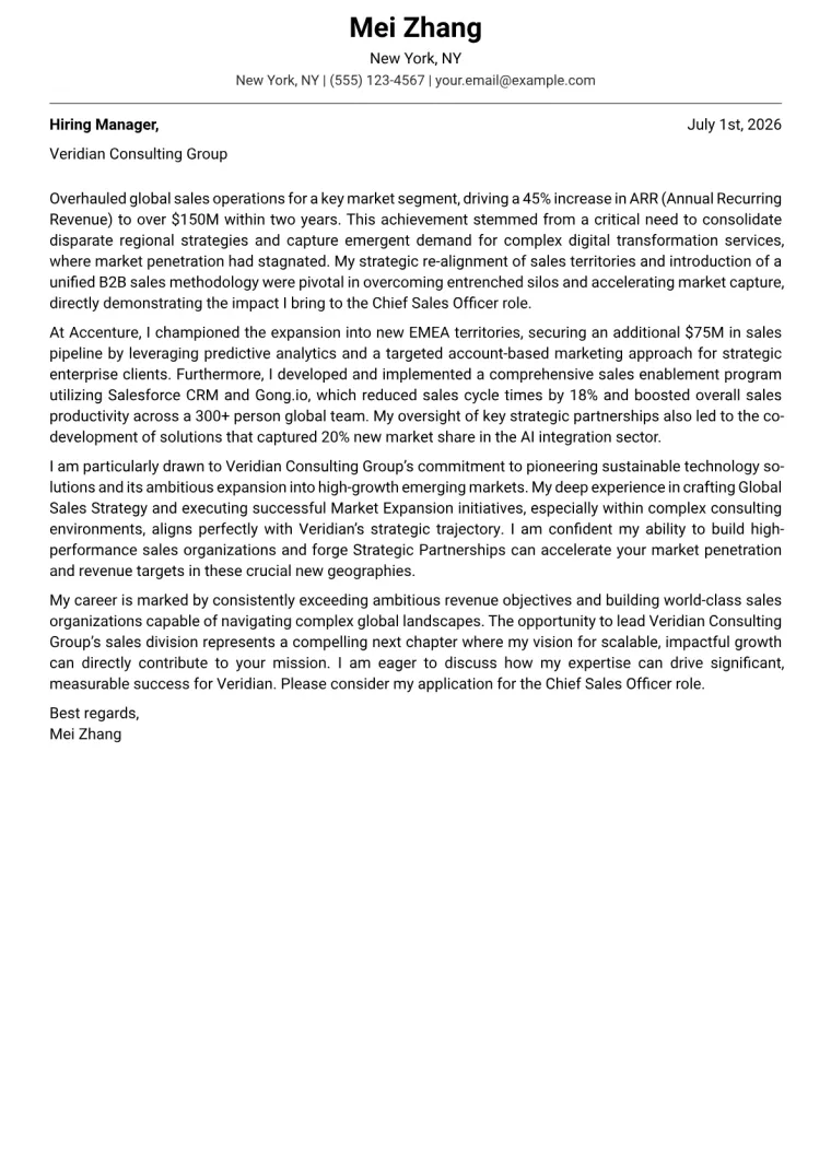 Chief Sales Officer cover letter example preview