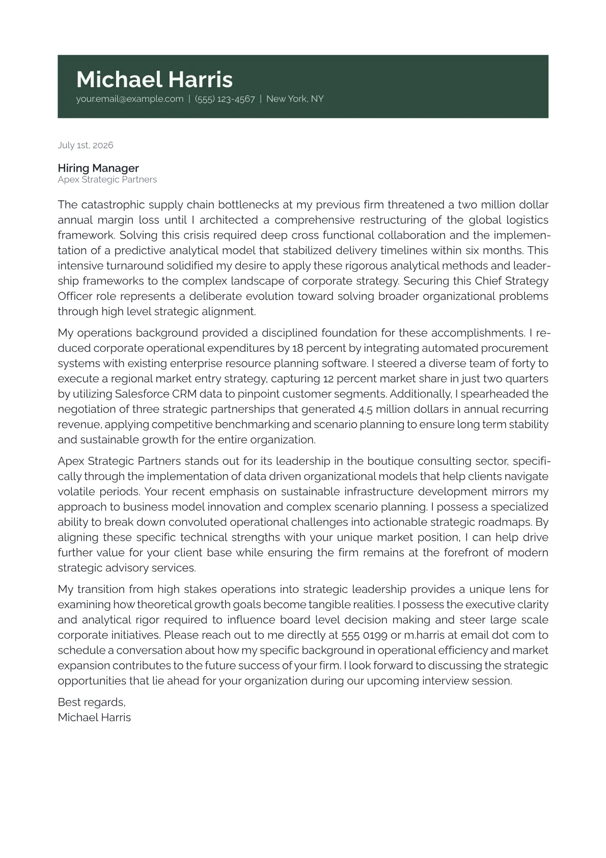 Chief Strategy Officer cover letter in the Banner design
