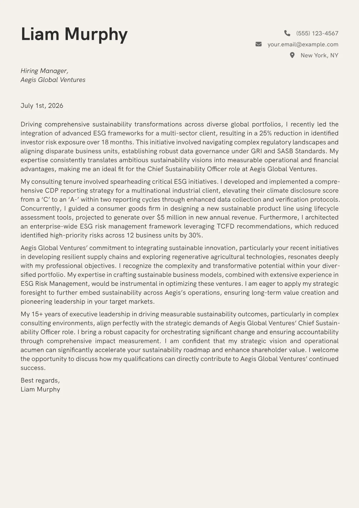 Chief Sustainability Officer cover letter formatted with a JobSprout template