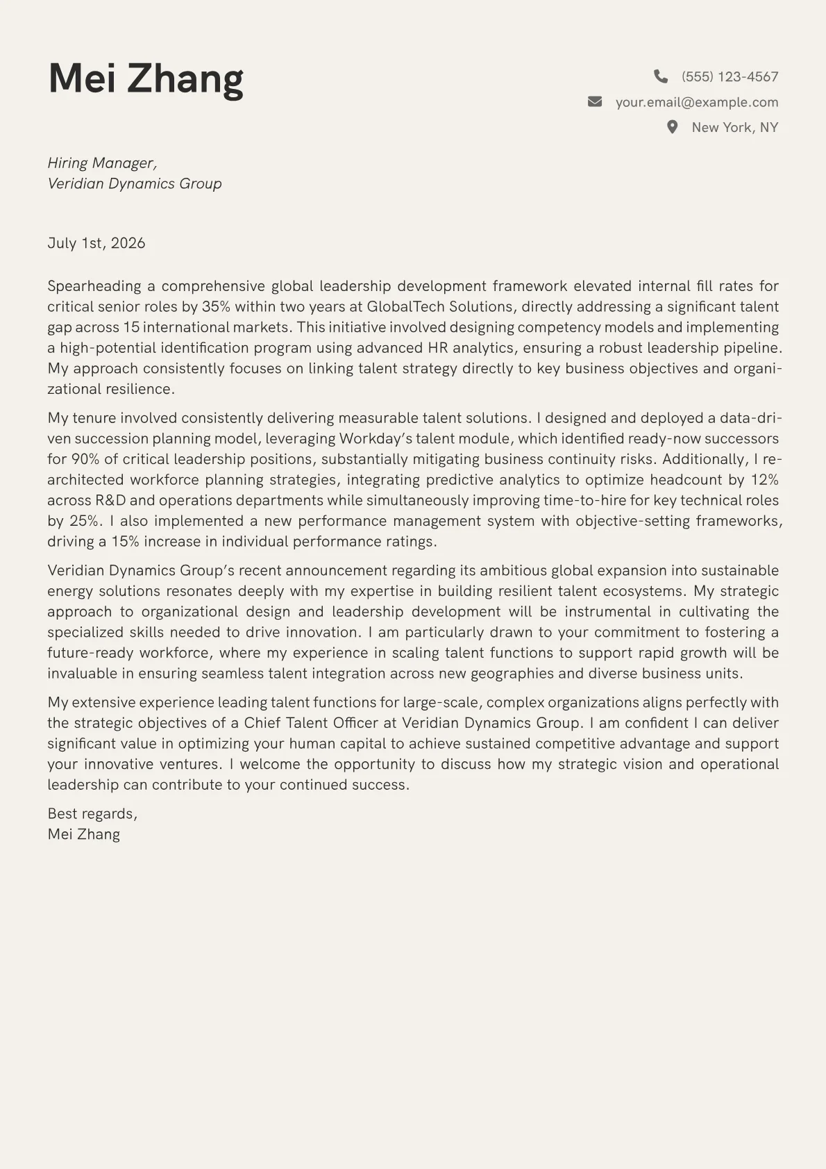 Chief Talent Officer cover letter formatted with a JobSprout template