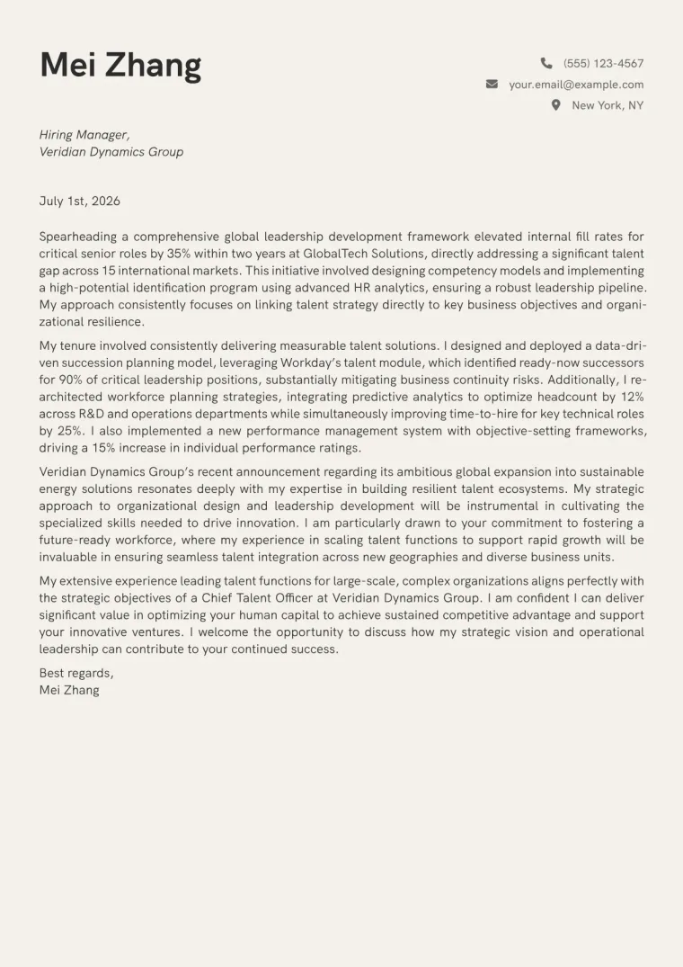 Chief Talent Officer cover letter example preview