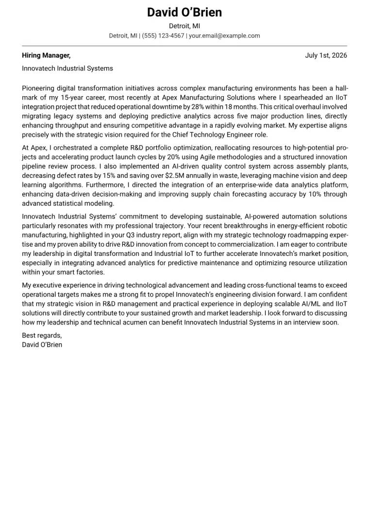 Chief Technology Engineer cover letter example preview