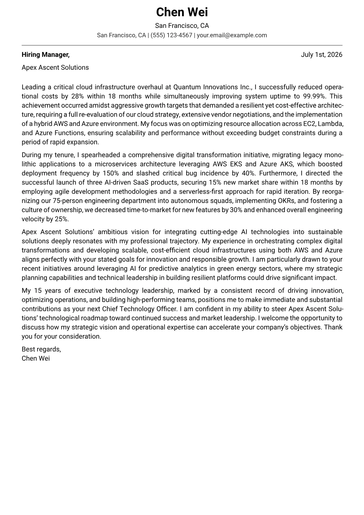 Chief Technology Officer cover letter formatted with a JobSprout template
