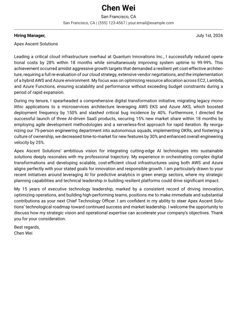 Chief Technology Officer cover letter example preview