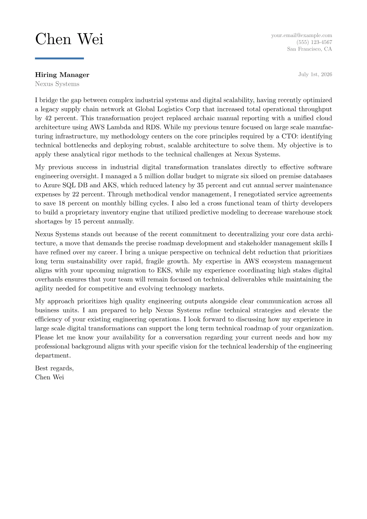 Chief Technology Officer cover letter in the Executive design