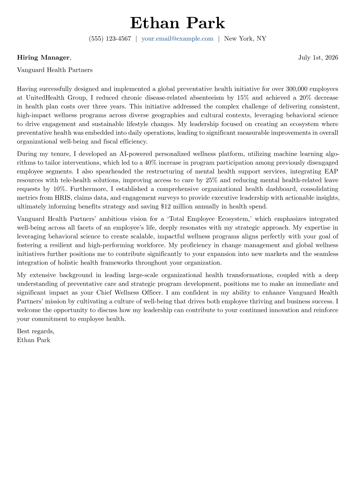 Chief Wellness Officer cover letter formatted with a JobSprout template