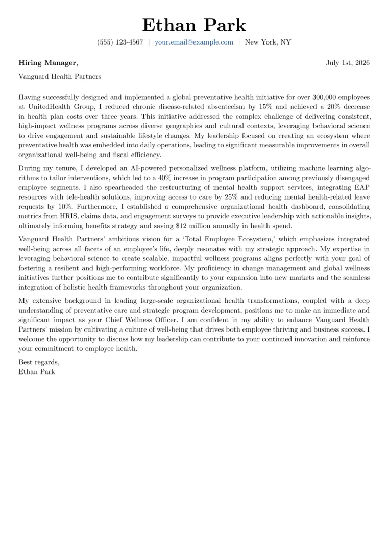 Chief Wellness Officer cover letter example preview