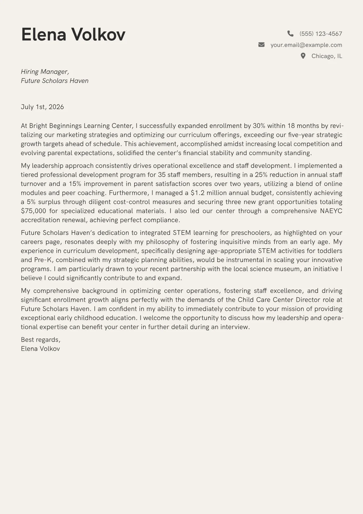 Child Care Center Director cover letter formatted with a JobSprout template