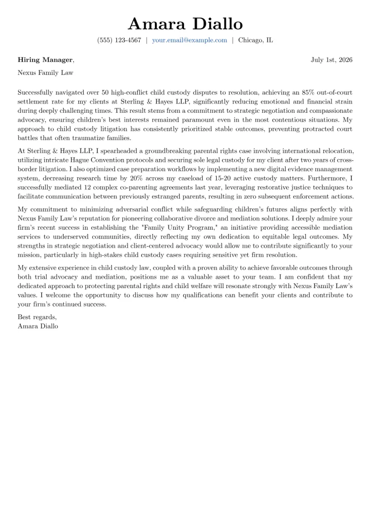 Child Custody Attorney cover letter example preview