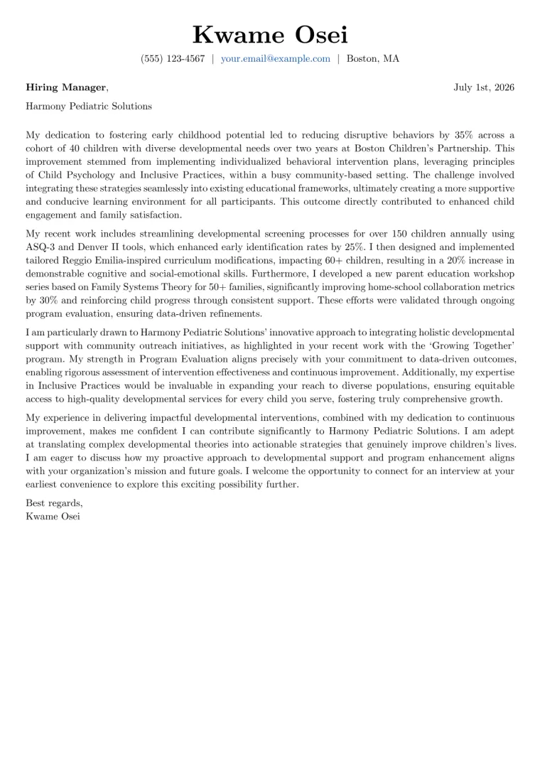 Child Development Specialist cover letter example preview