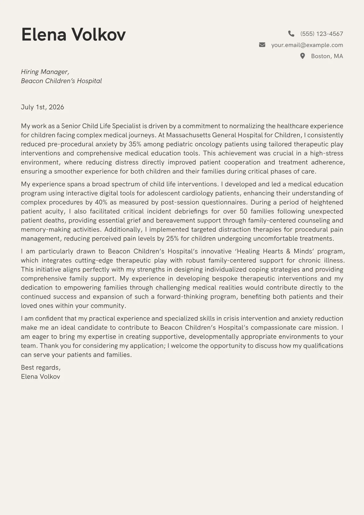 Child Life Specialist cover letter formatted with a JobSprout template