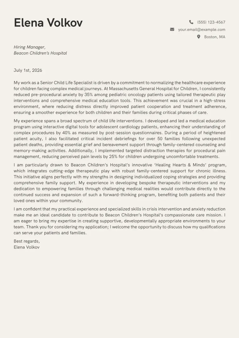 Child Life Specialist cover letter example preview