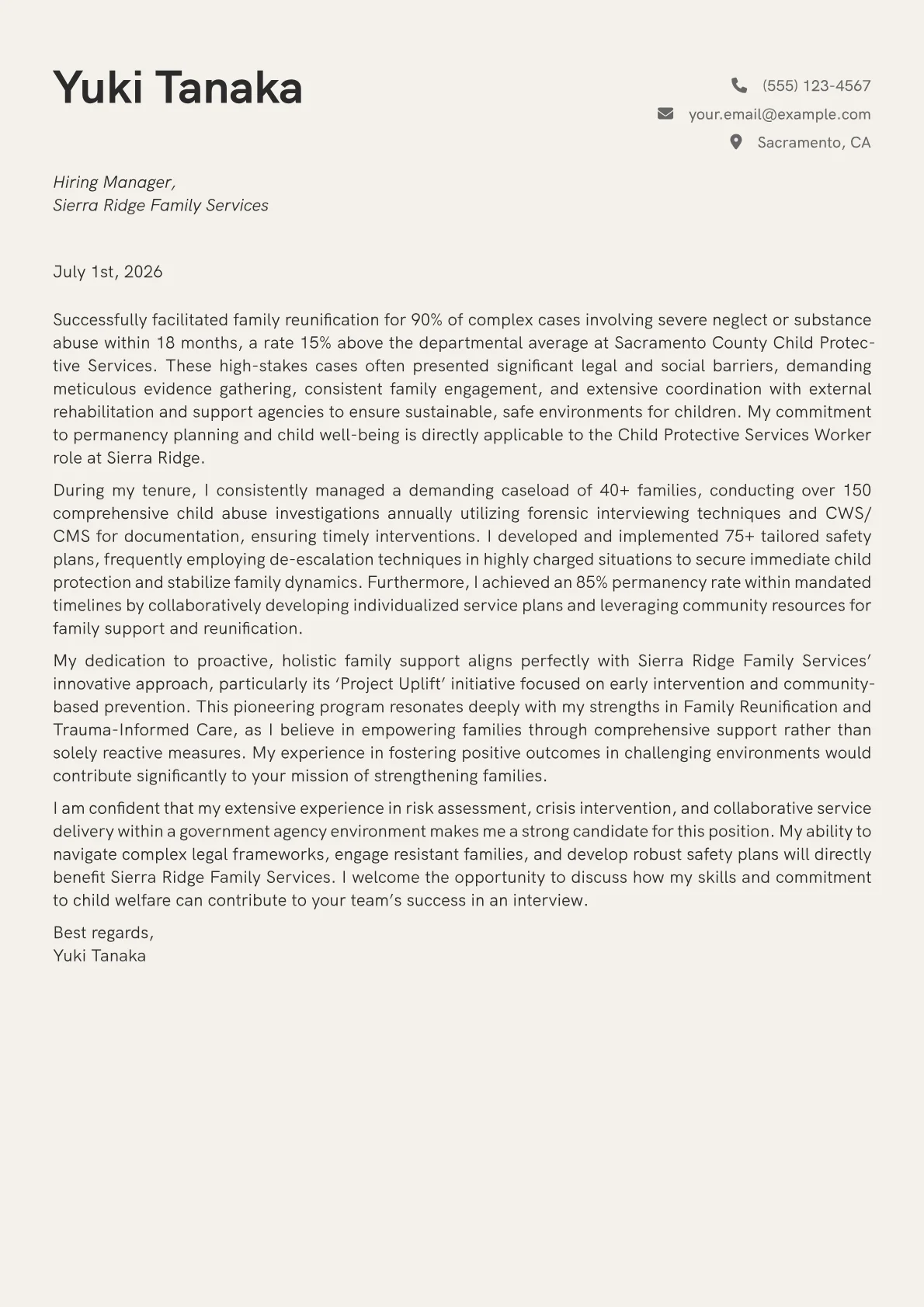 Child Protective Services Worker cover letter formatted with a JobSprout template