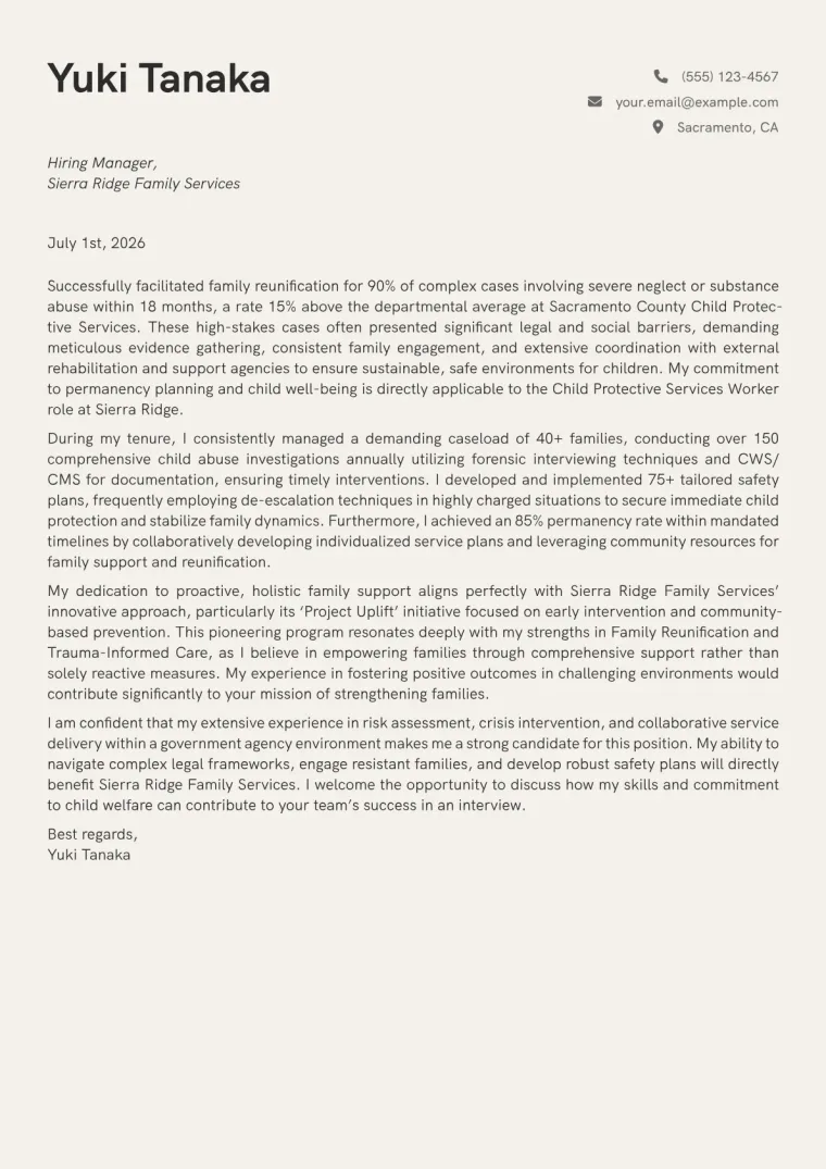 Child Protective Services Worker cover letter example preview