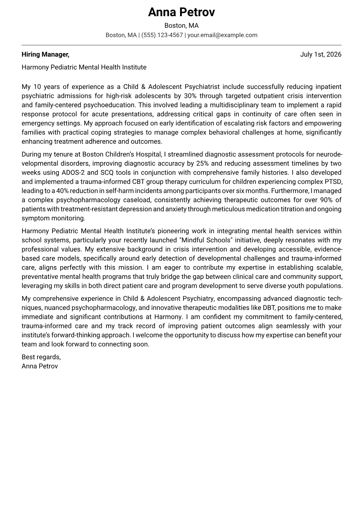 Child Psychiatrist cover letter formatted with a JobSprout template