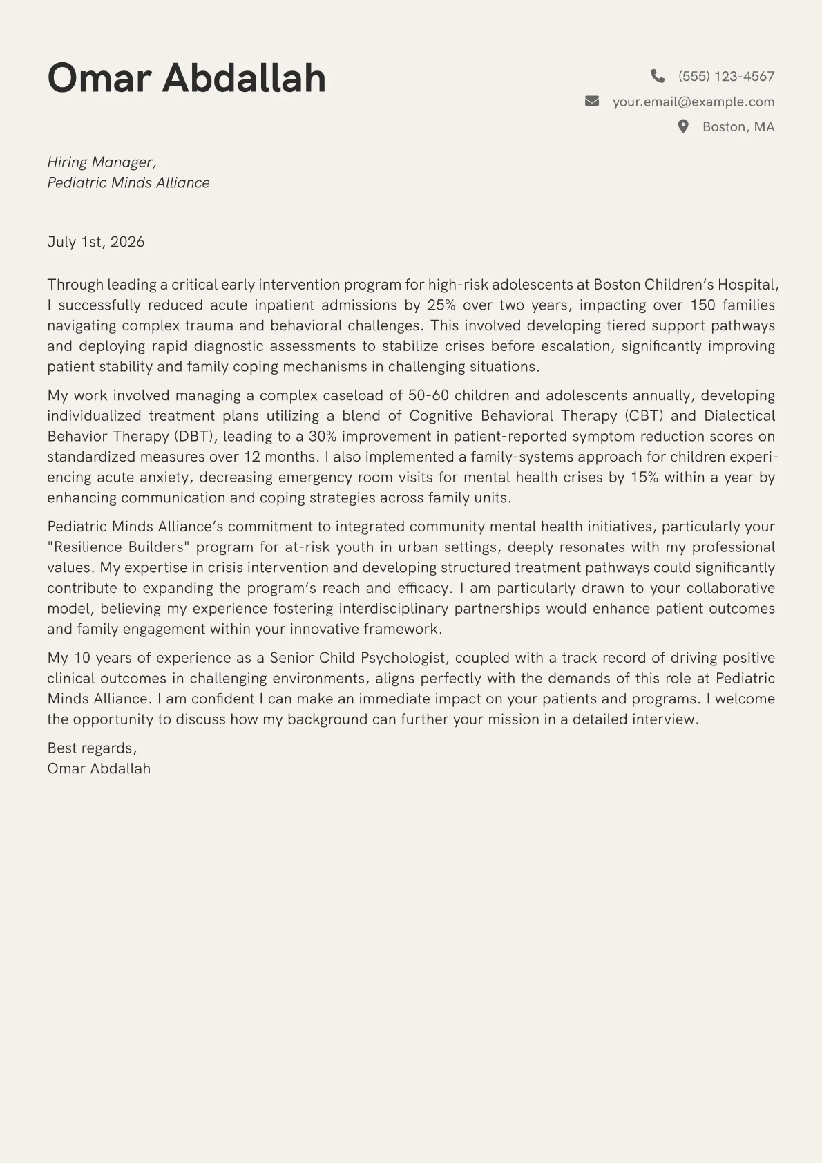 Child Psychologist cover letter formatted with a JobSprout template