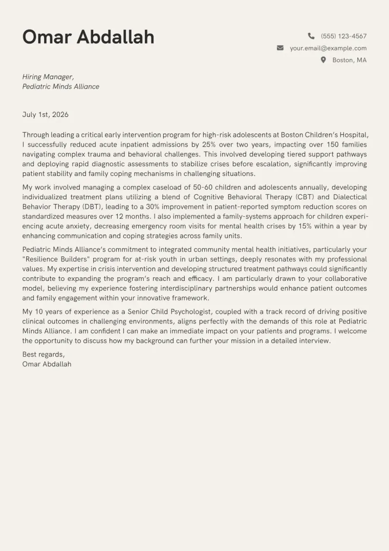 Child Psychologist cover letter example preview