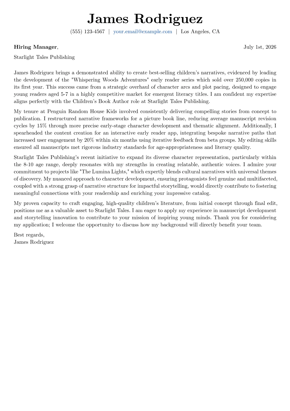 Children's Book Author cover letter formatted with a JobSprout template