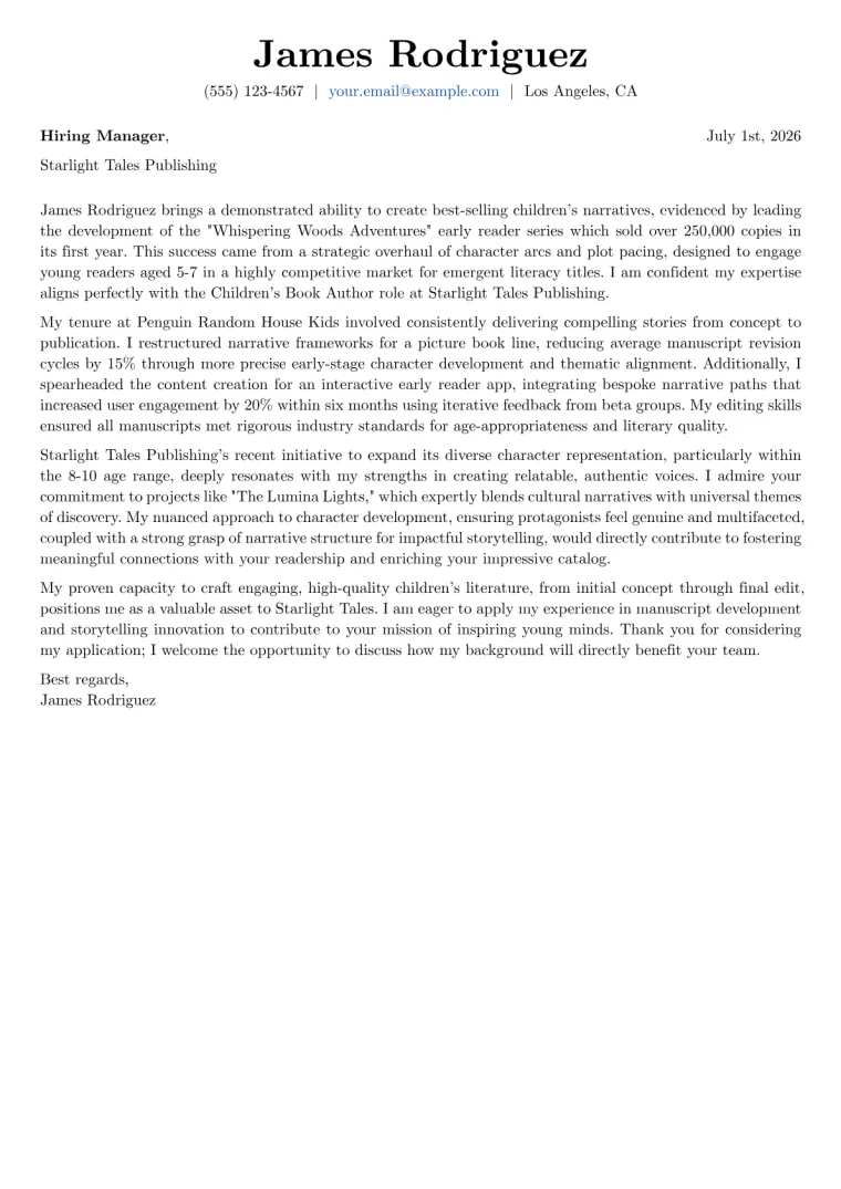 Children's Book Author cover letter example preview
