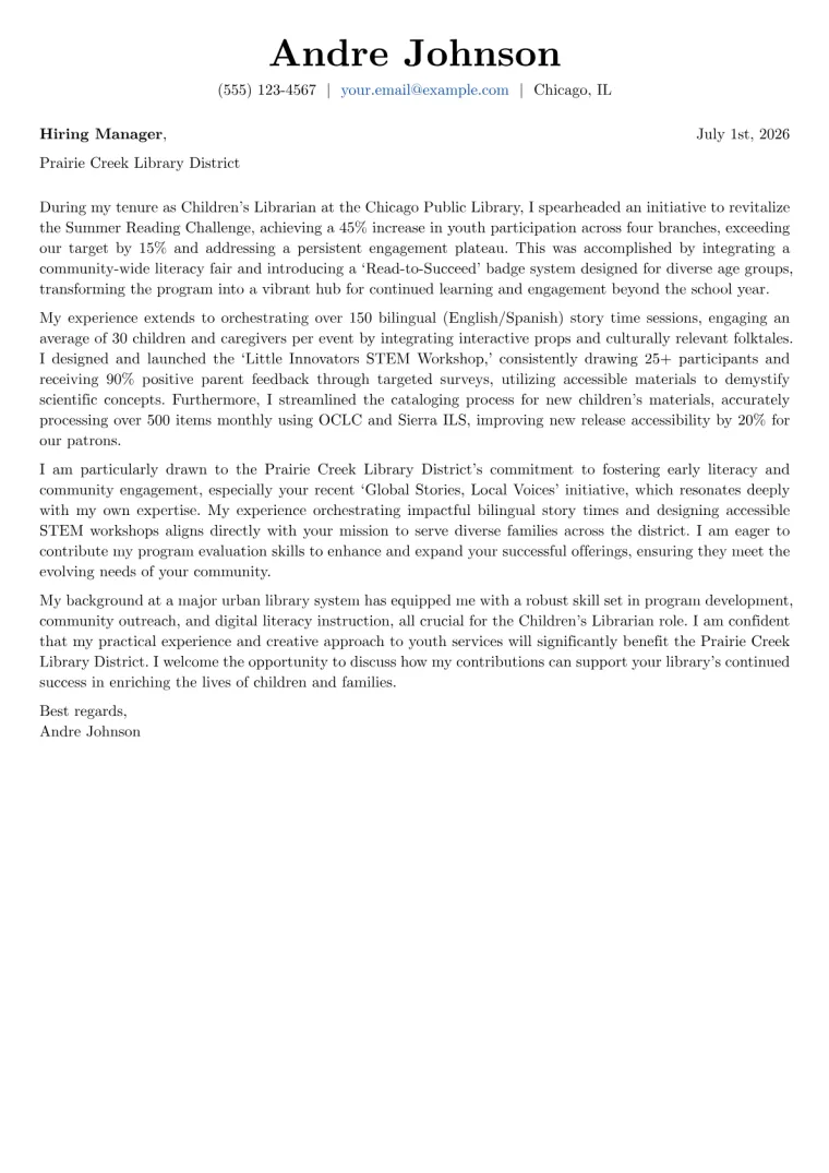 Children's Librarian cover letter example preview