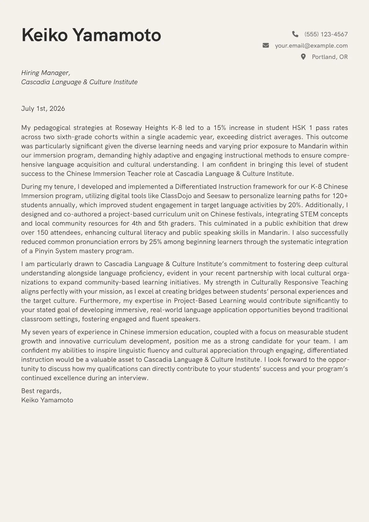 Chinese Immersion Teacher cover letter formatted with a JobSprout template