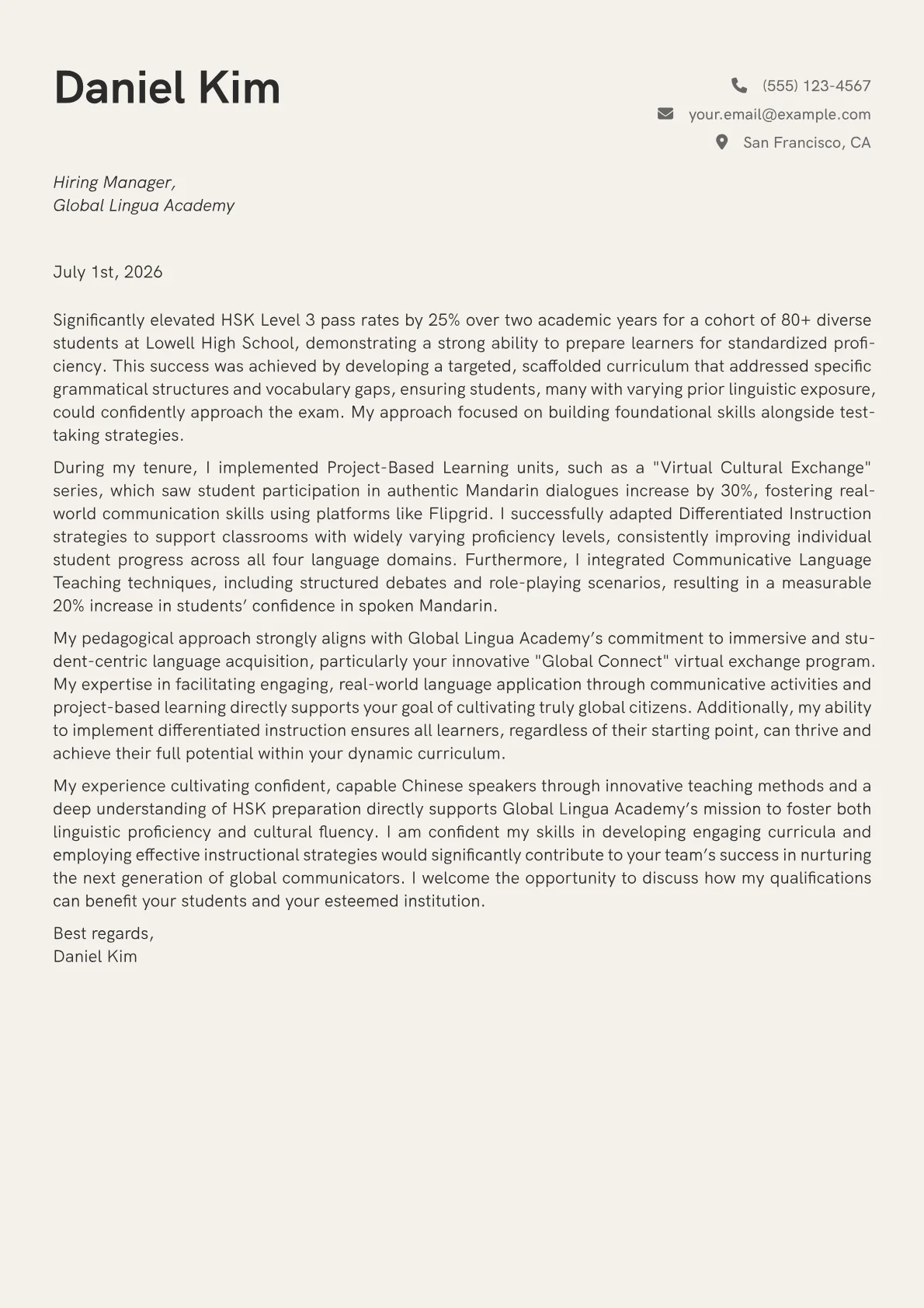 Chinese Language Teacher cover letter formatted with a JobSprout template