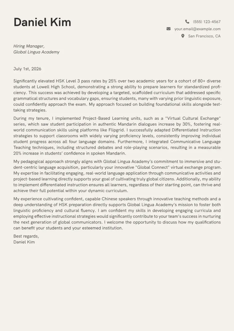 Chinese Language Teacher cover letter example preview
