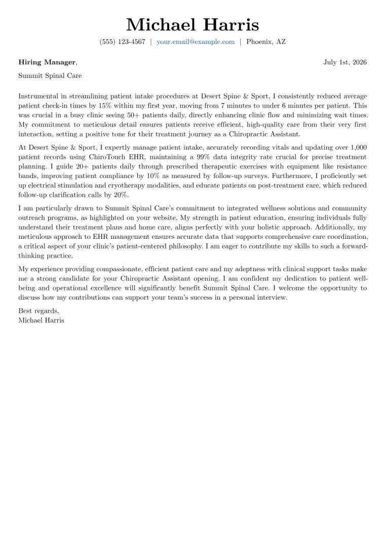 Chiropractic Assistant Cover Letter Example