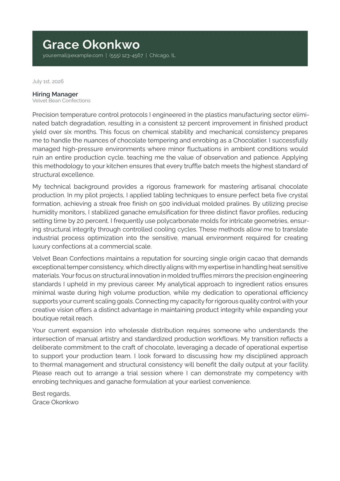 Chocolatier cover letter in the Banner design