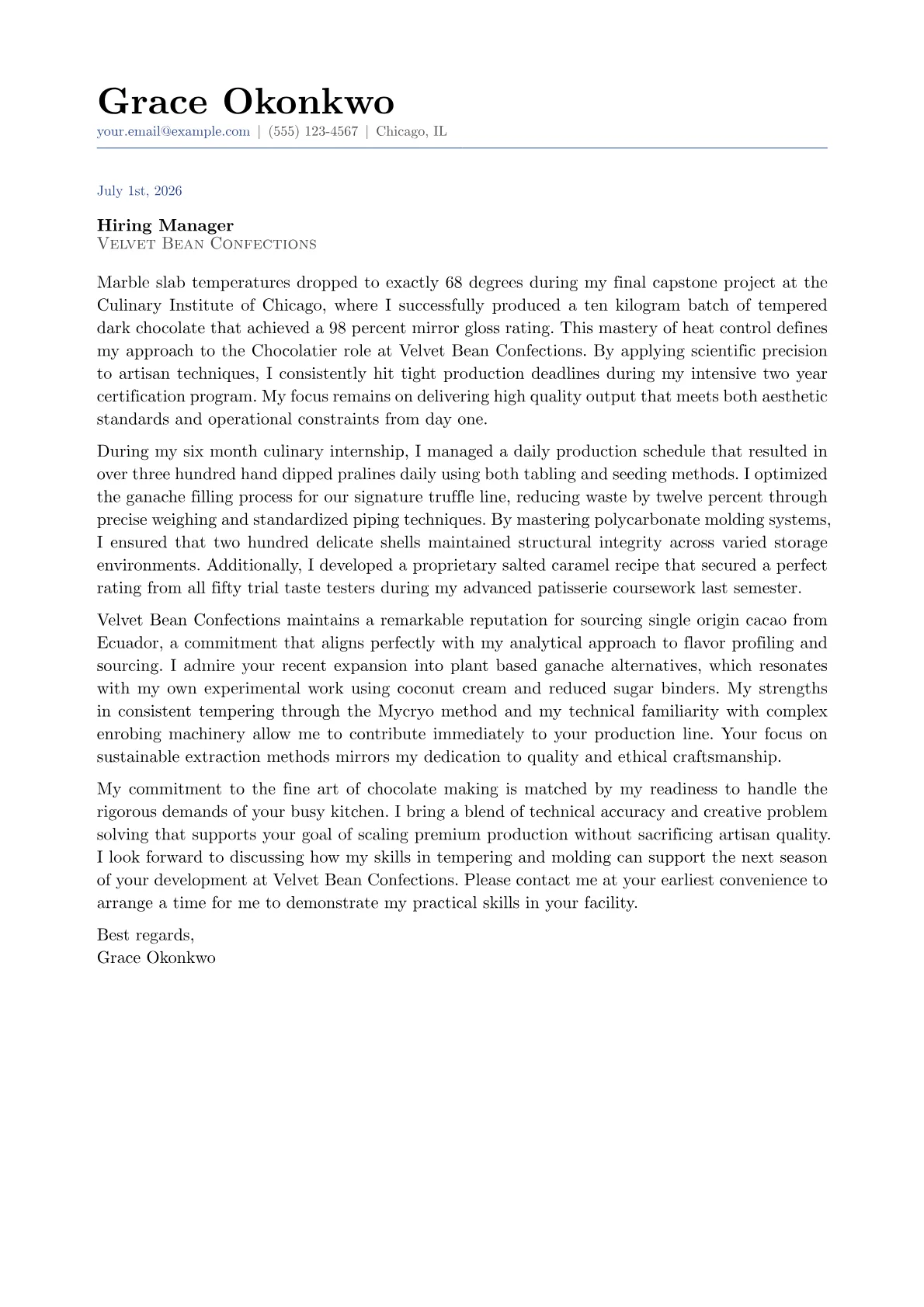 Chocolatier cover letter in the Classic design