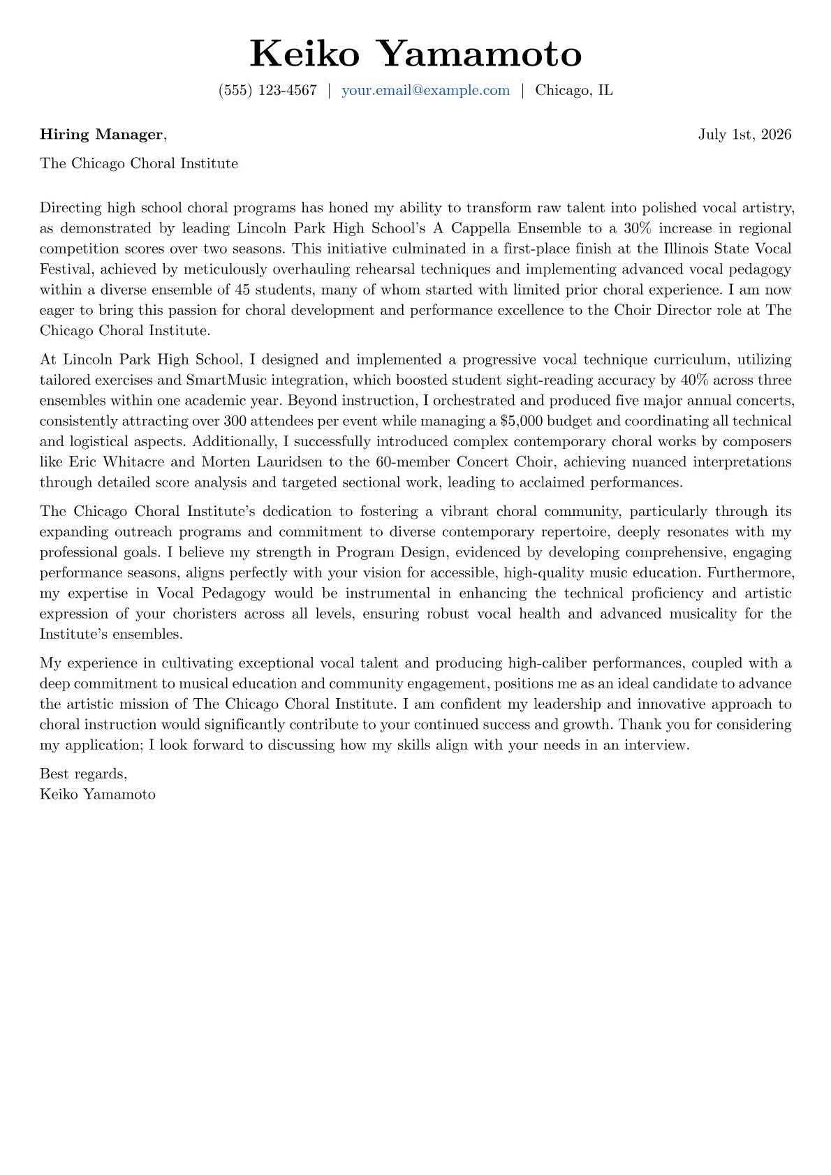 Choir Director cover letter formatted with a JobSprout template