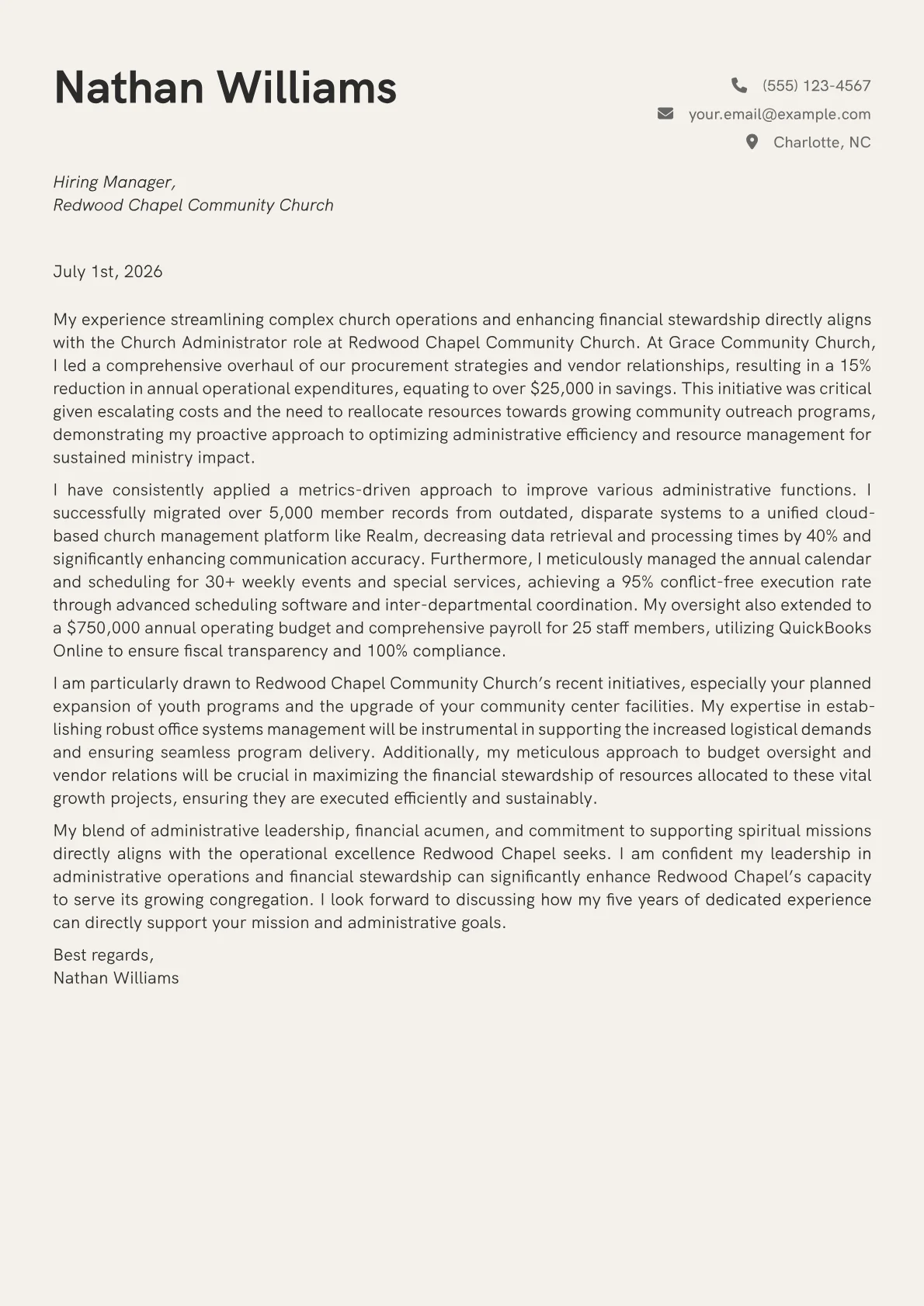 Church Administrator cover letter formatted with a JobSprout template