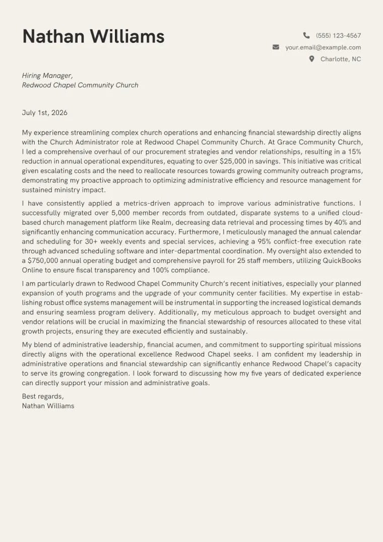 Church Administrator cover letter example preview