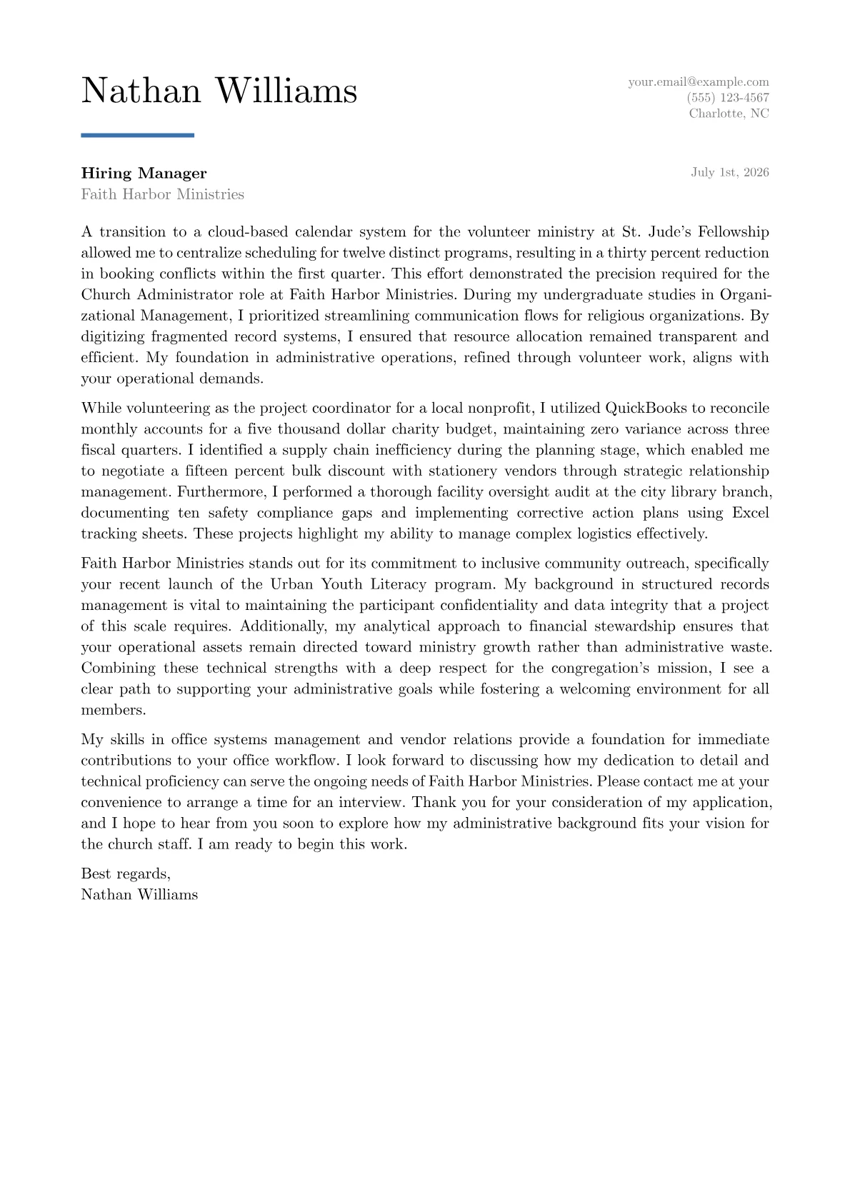 Church Administrator cover letter in the Executive design