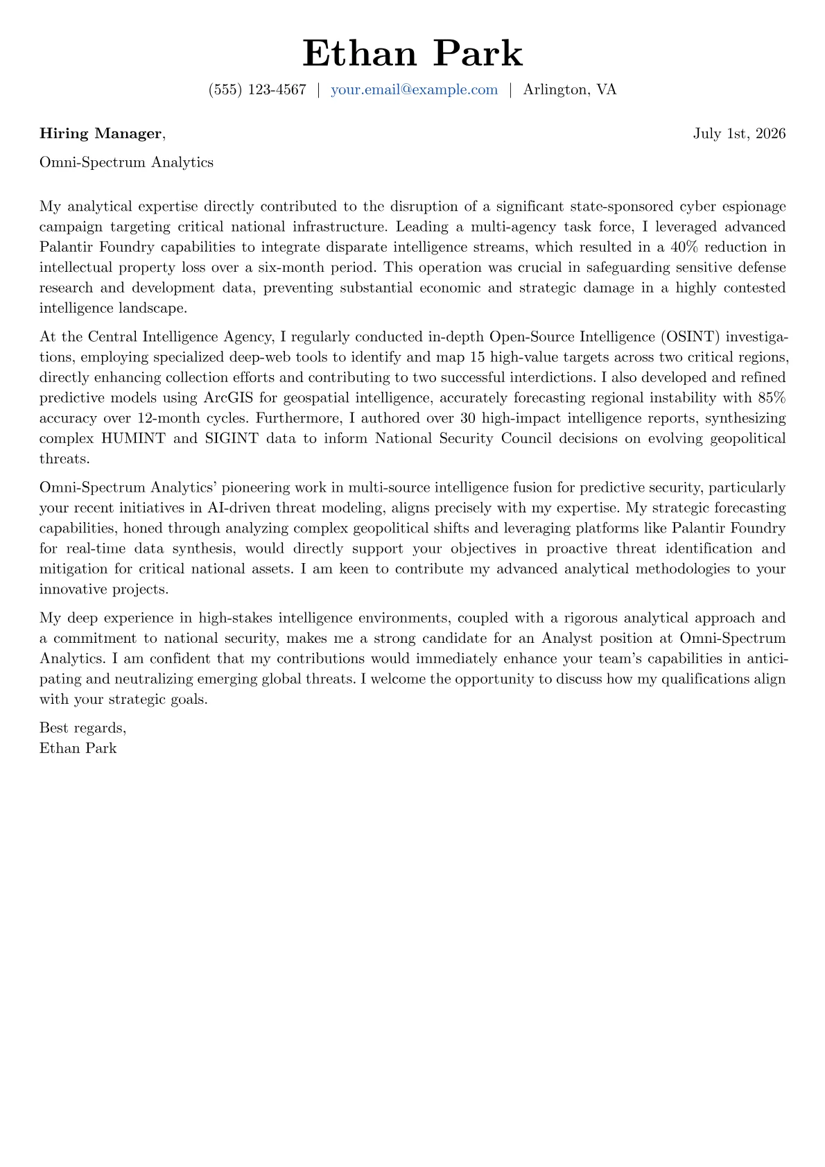CIA Analyst cover letter formatted with a JobSprout template