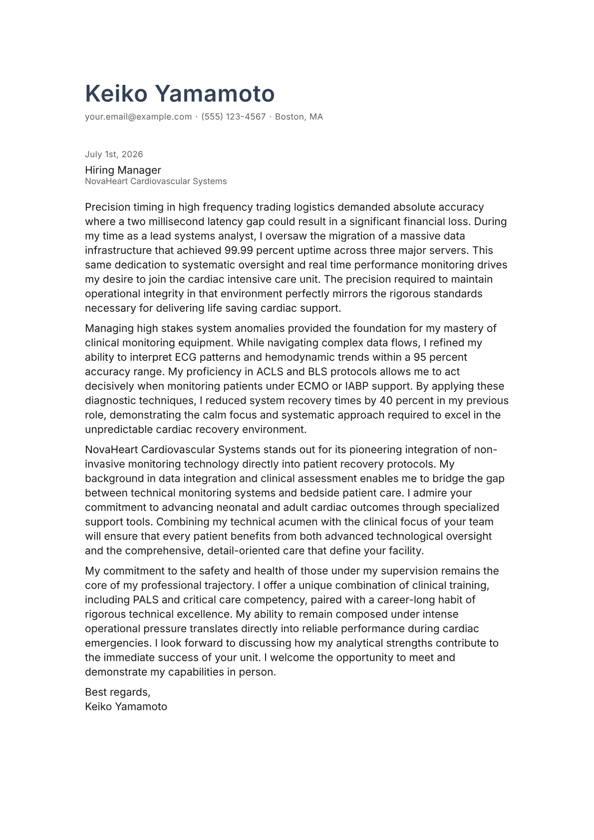 CICU Nurse cover letter in the Minimal design