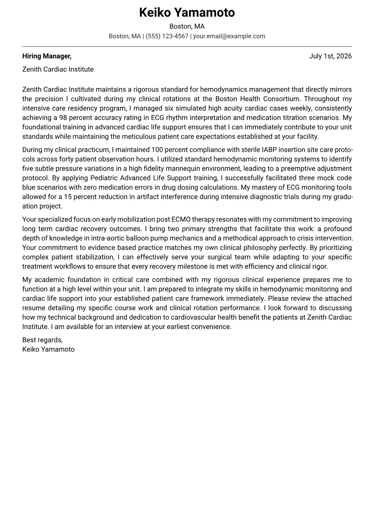 CICU Nurse cover letter in the Modern design