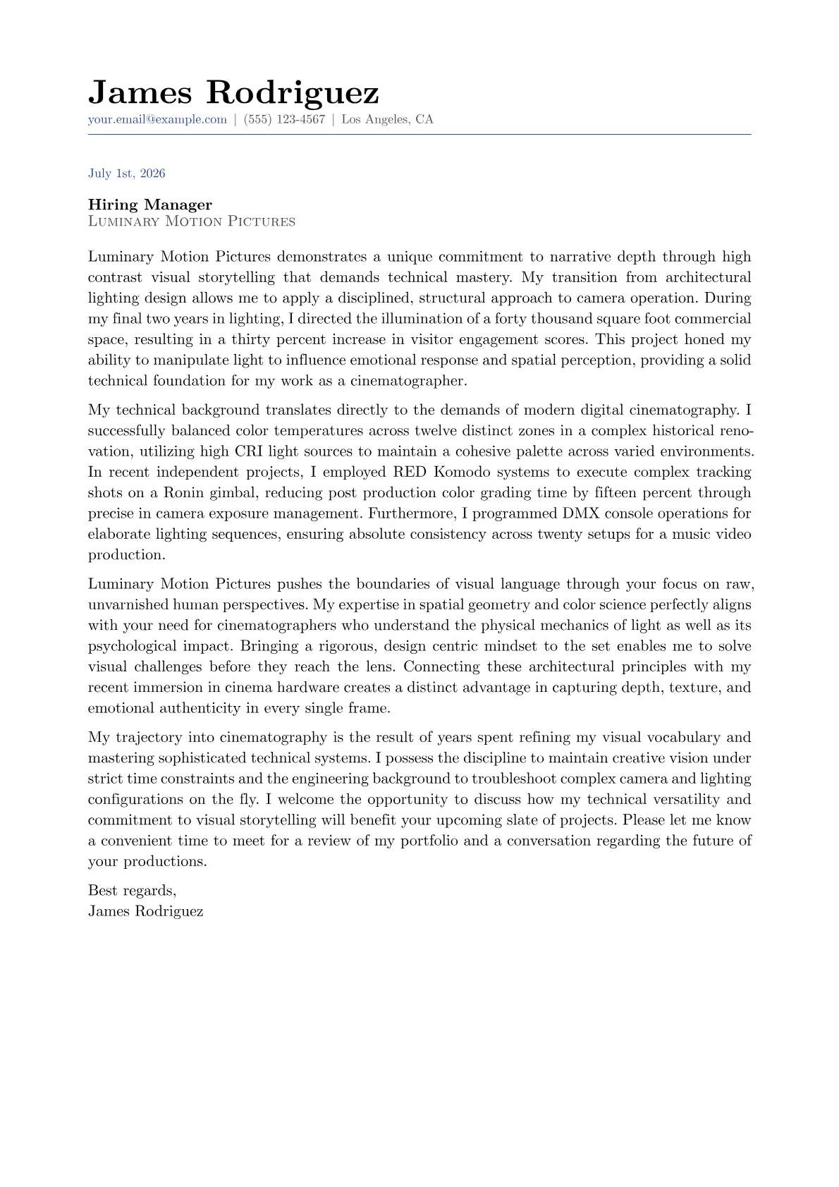 Cinematographer cover letter in the Classic design