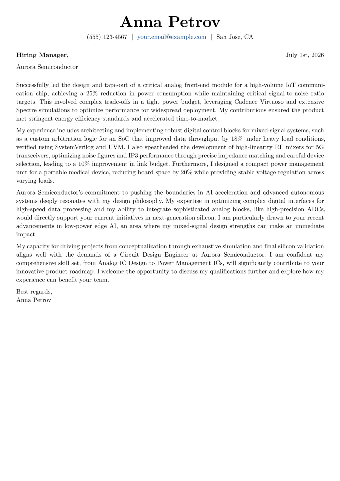 Circuit Design Engineer cover letter formatted with a JobSprout template