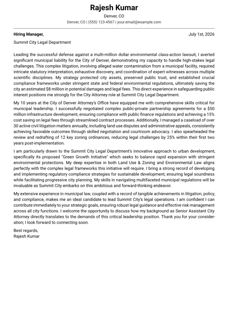 City Attorney Cover Letter Example