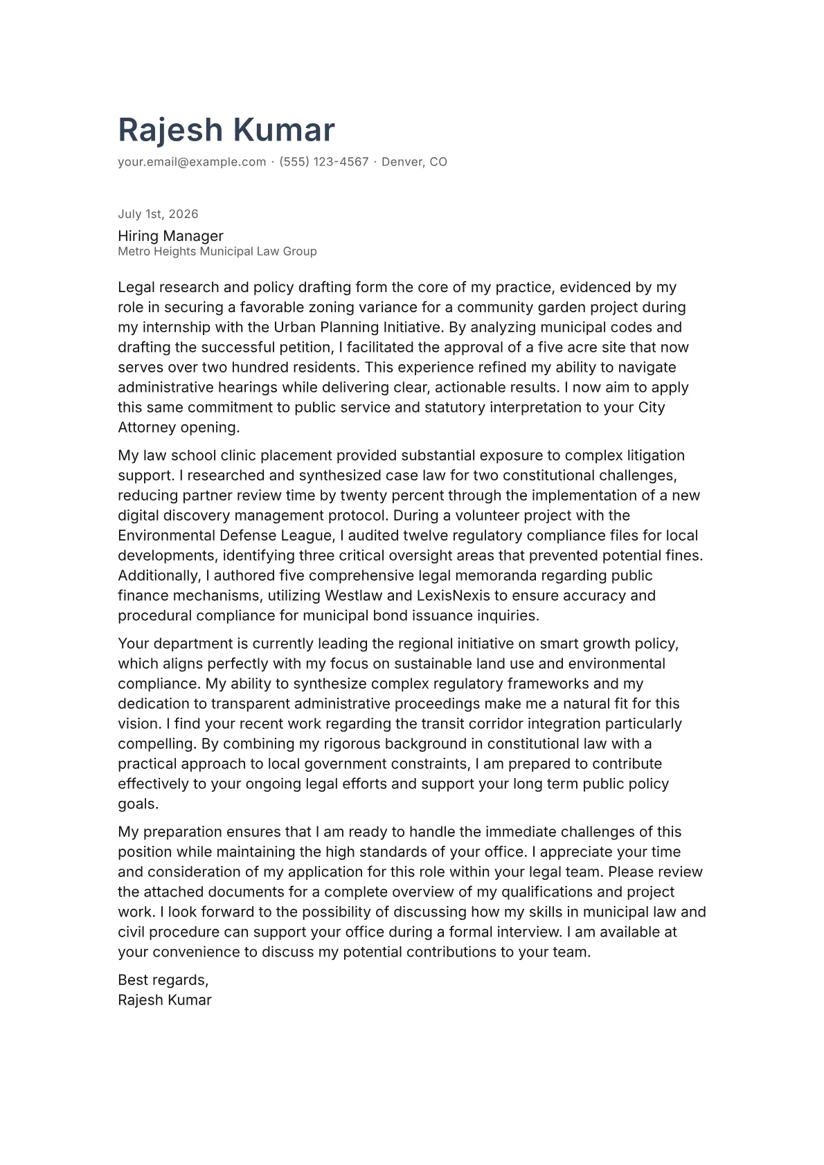 City Attorney cover letter in the Minimal design